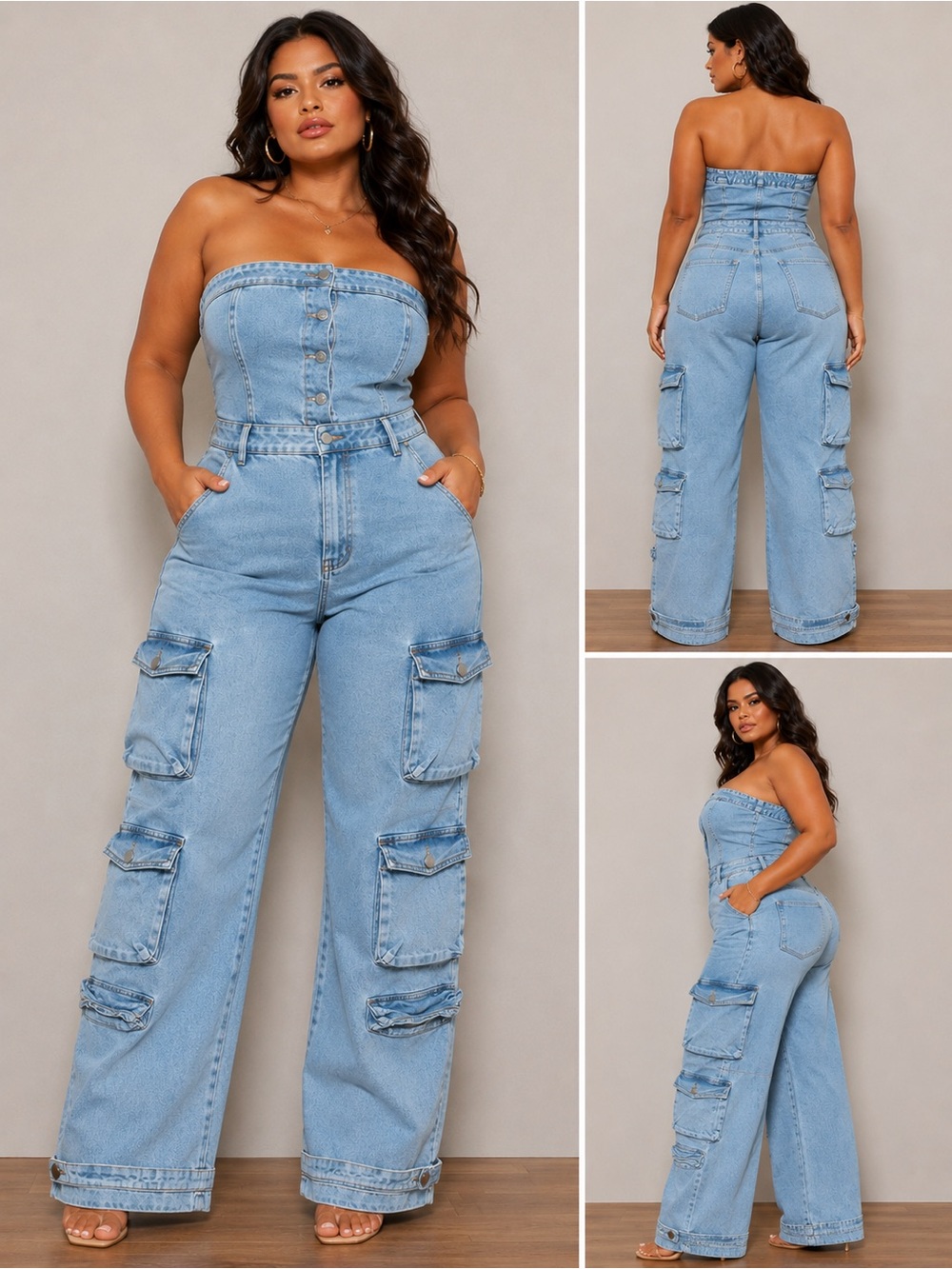 Daisy Light Blue Strapless Cargo Denim Jumpsuit